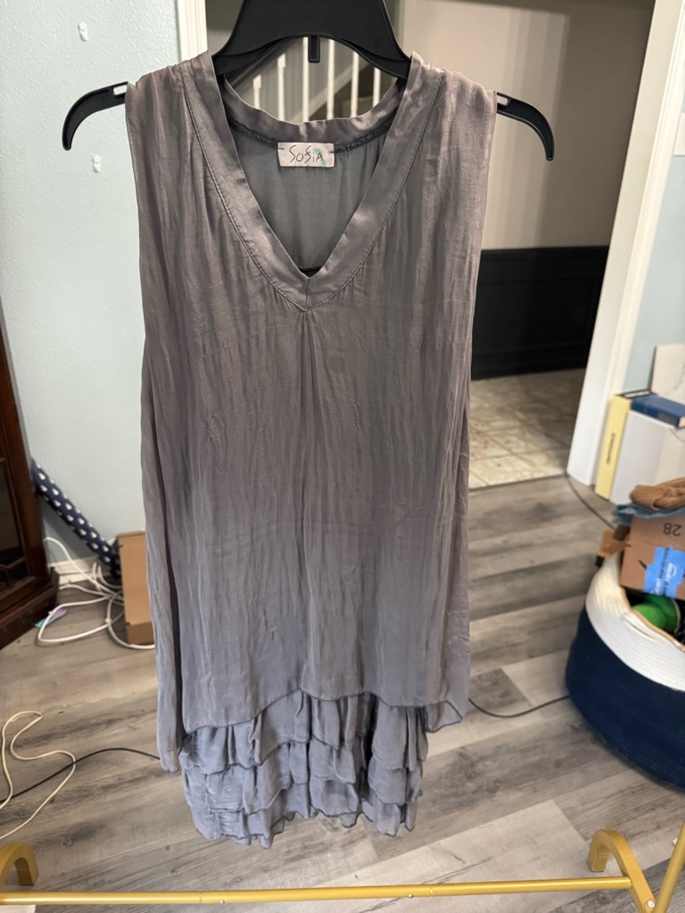SoSi Sleeveless V-Neck Ruffle Hem Tunic Dress - Gray